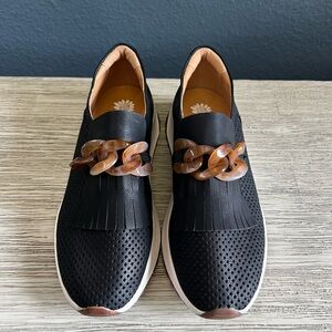 NWOT!!! Yellow Box Riska Slip On Black Loafers with Brown Chain Detail